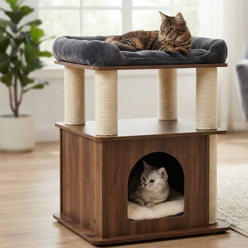 Luxury Two-Tier Cat Tree & House "Purr Fortress"